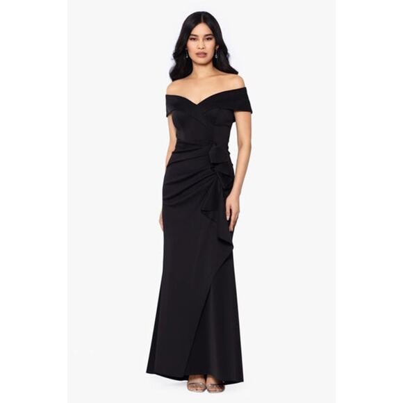 XSCAPE Evenings “Patti” Long Off The Shoulder Scuba Crepe Dress Black Size 8 NWT